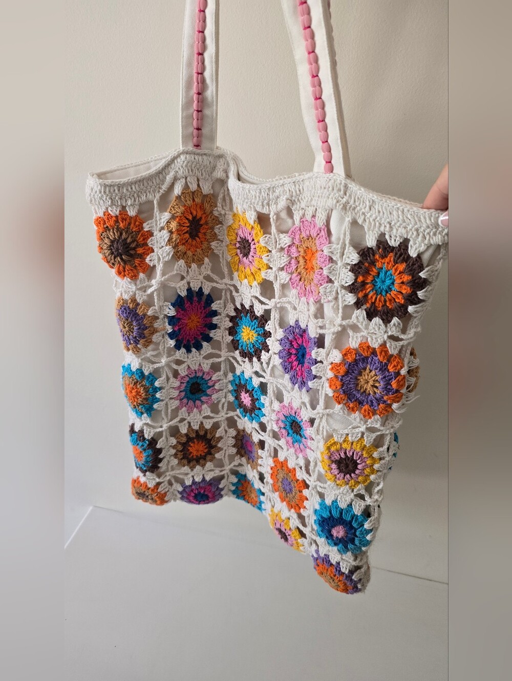 Boho Crochet Granny Square Tote Bag Colorful Floral Shoulder Bag - Picture 3 of 8